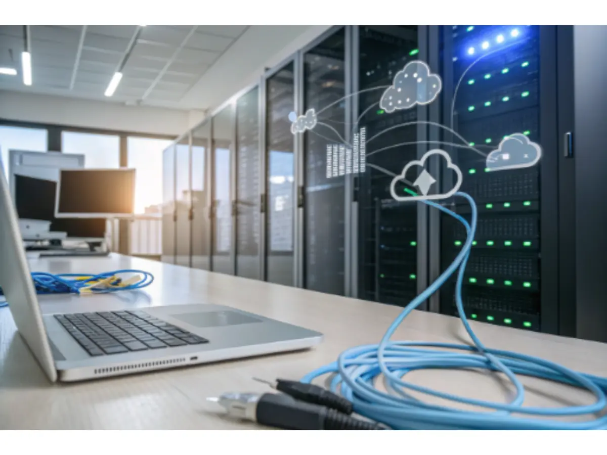 Laptop and network cables on desk in modern server room with cloud computing graphics – concept of IT staffing companies near me supporting cloud and infrastructure management.