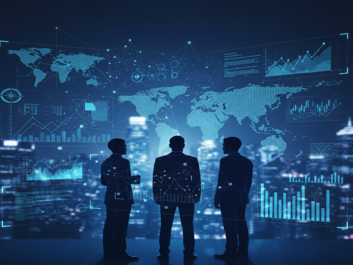 “Silhouettes of business professionals analyzing global data visualizations and digital analytics dashboards against a modern city skyline.”