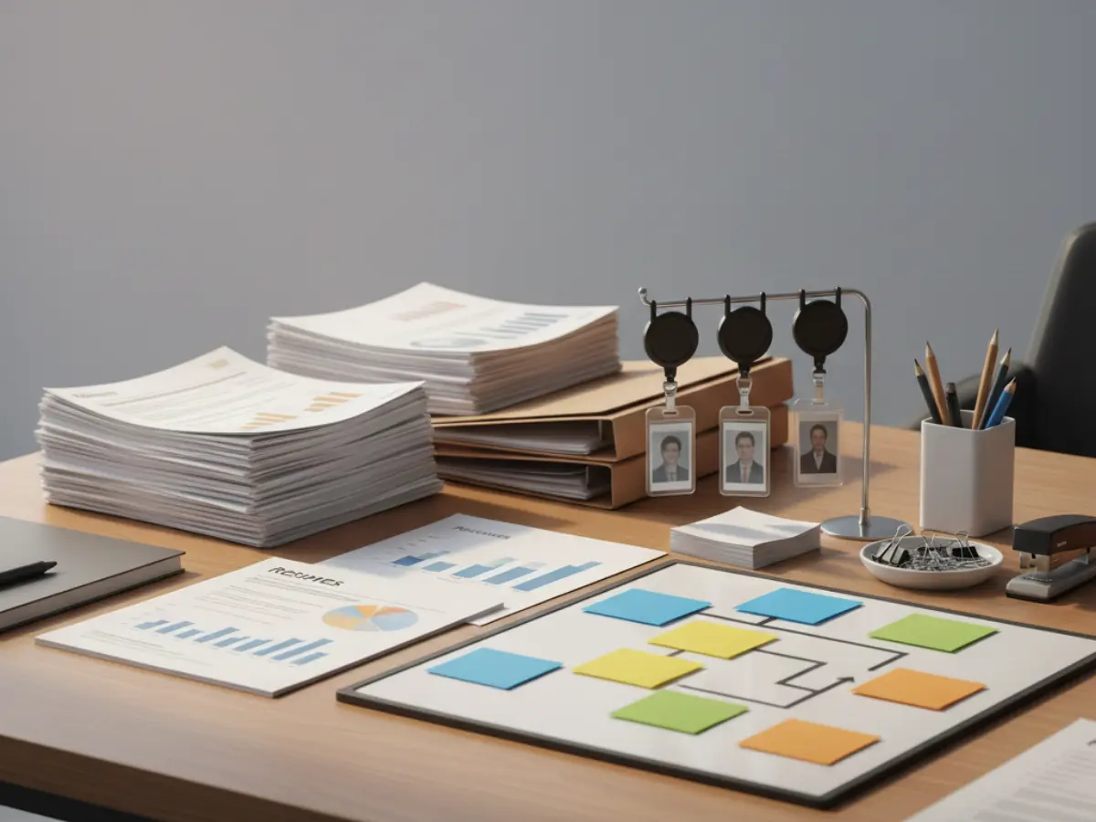 Office desk with organized resumes, ID badges, charts, and workflow board, representing IT staff augmentation services in California for managing talent and project allocation.