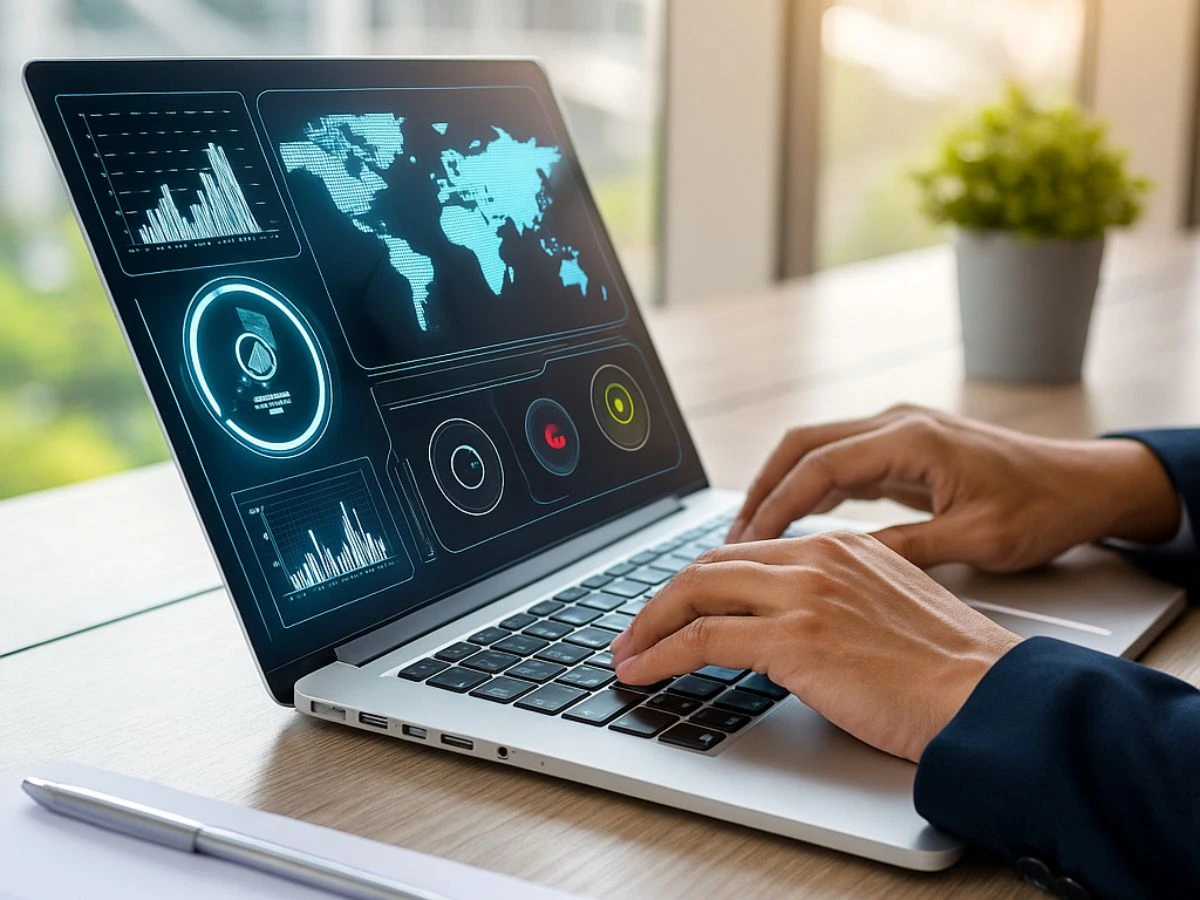 Person working on laptop with futuristic holographic analytics dashboards, charts, and global data visuals — representing IT staff augmentation in California for advanced tech operations.
