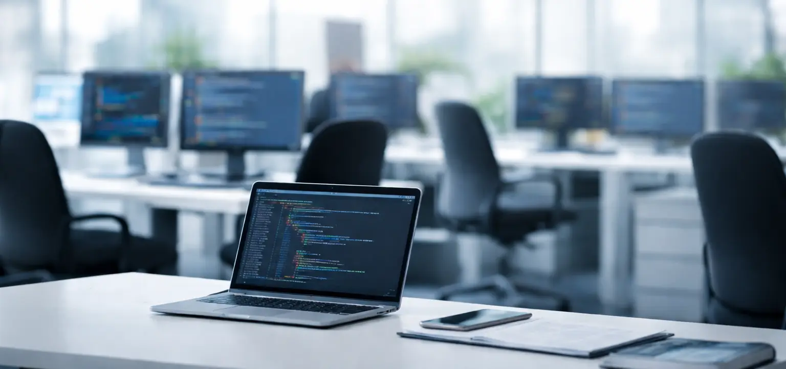 Modern IT office workspace with a laptop displaying code on a desk, representing a professional technology and software development environment.