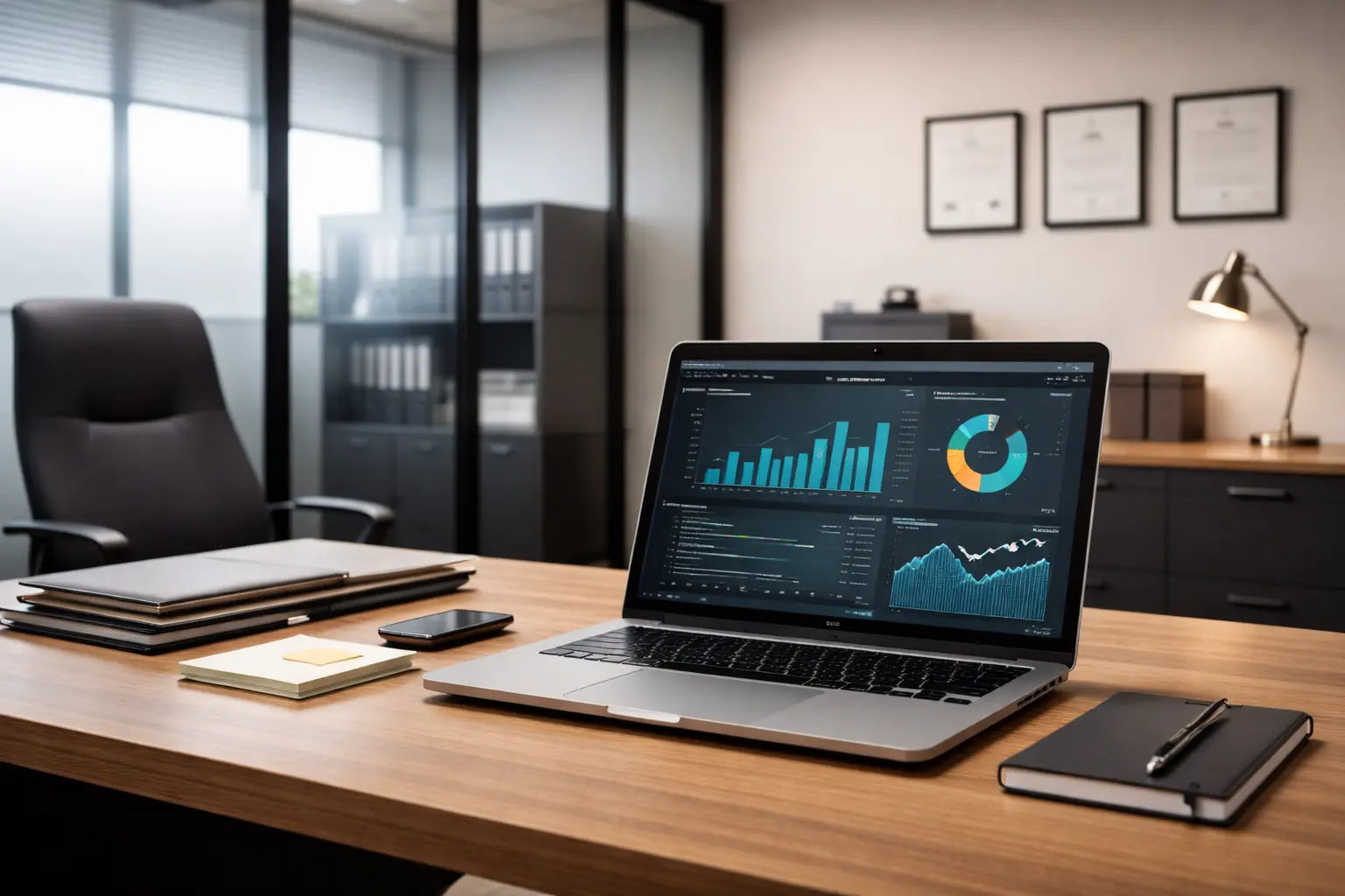 Professional office desk with a laptop displaying analytics dashboards, representing IT staff augmentation services in a modern corporate environment.