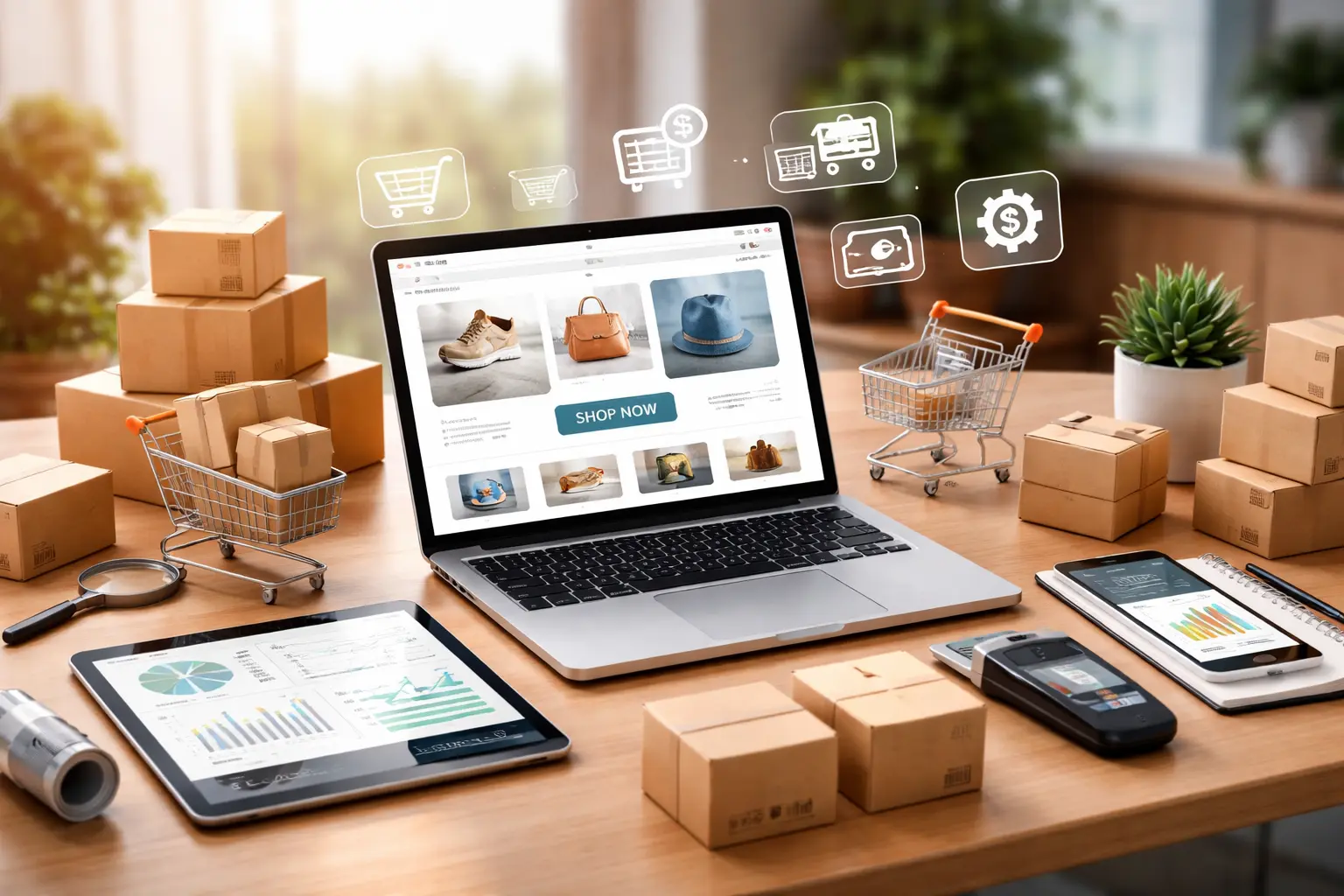Laptop displaying an online shopping website surrounded by product boxes and digital commerce icons, representing an ecommerce development company in USA.