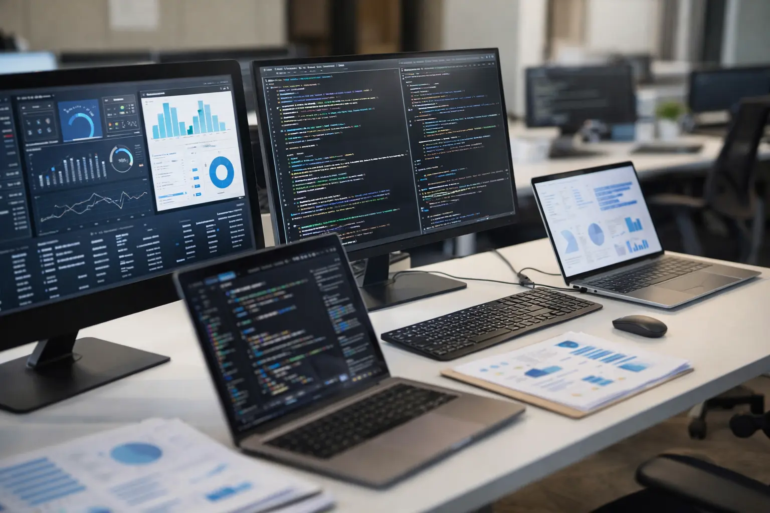 Multiple monitors and laptops displaying code and analytics dashboards in a modern office, representing an IT staffing augmentation company in the USA.