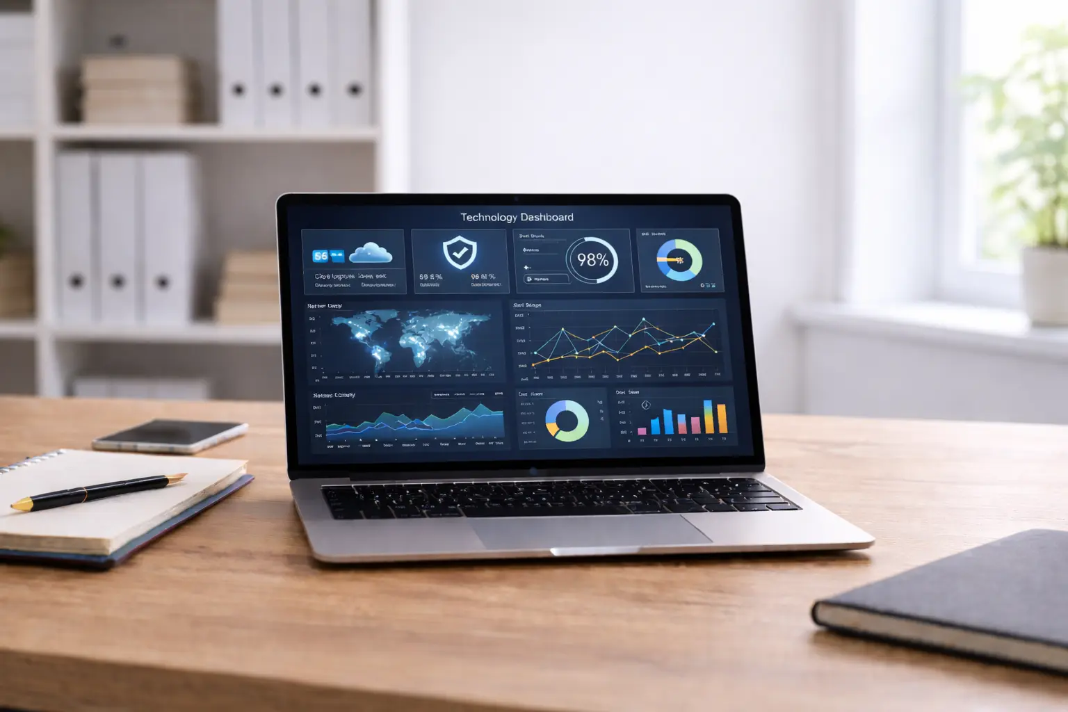 Laptop displaying a technology analytics dashboard on a modern office desk, representing IT augmentation services in Texas.