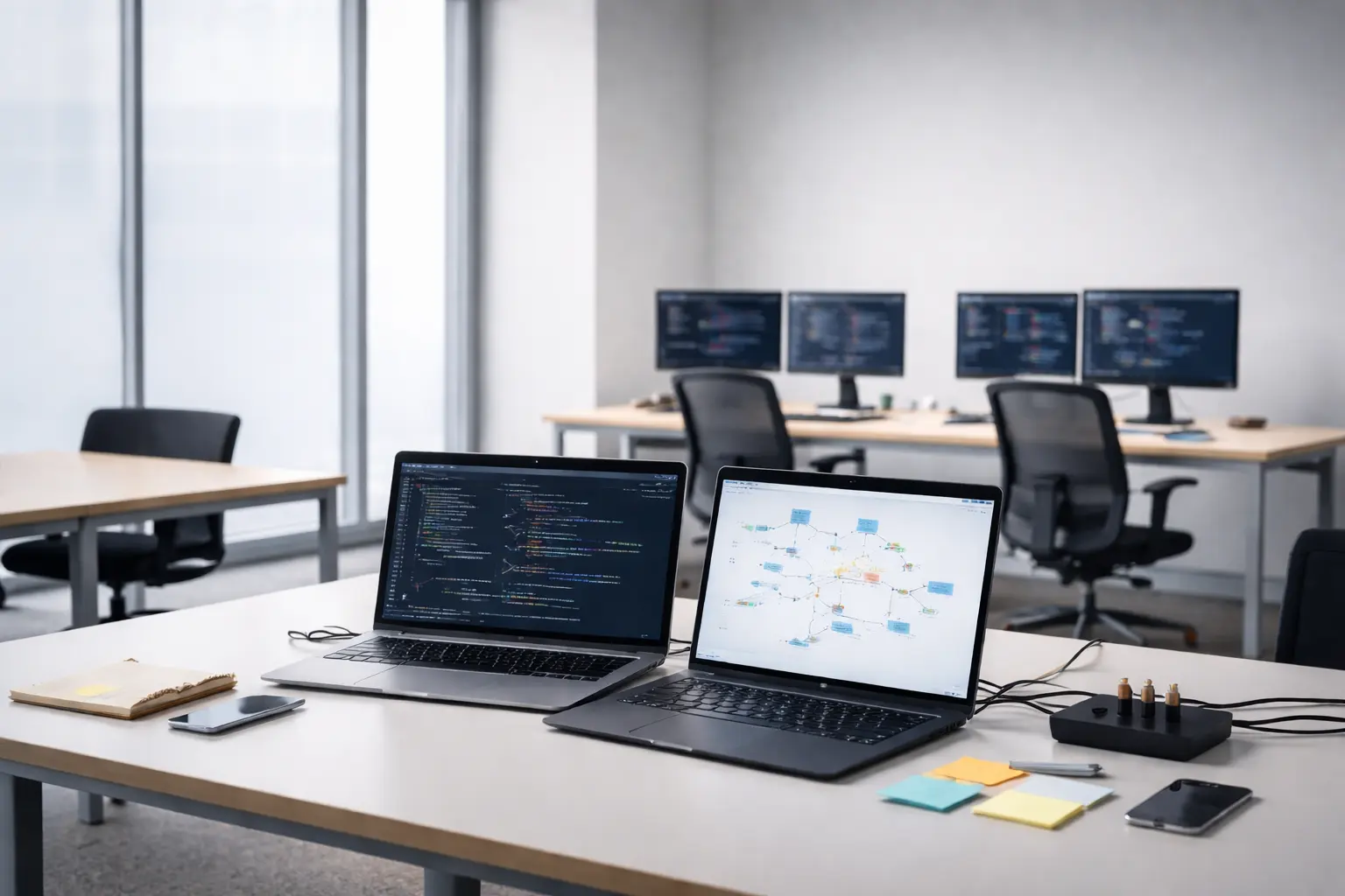 Modern IT office workspace with laptops displaying code and system diagrams, representing IT staff augmentation firms.