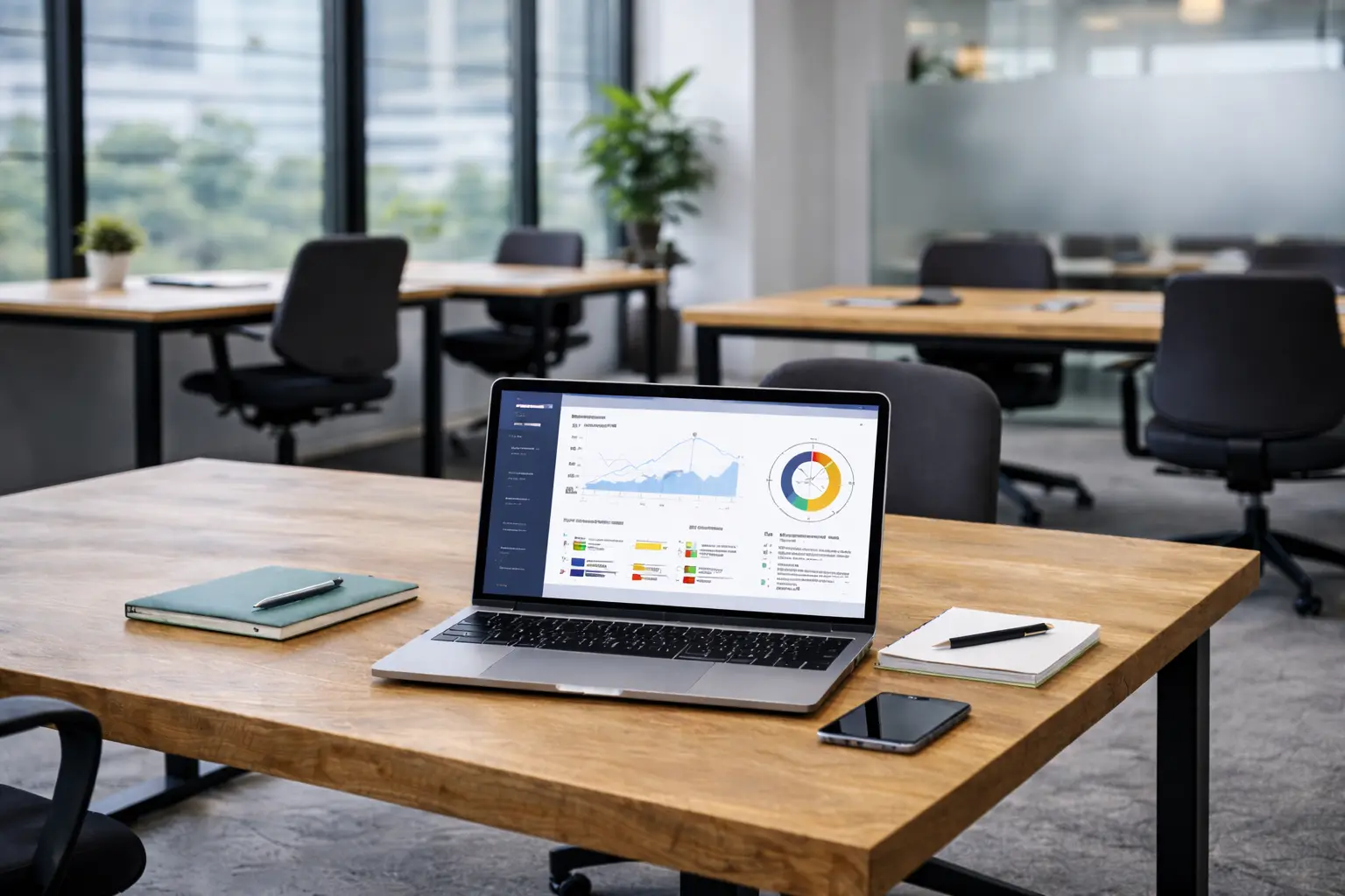 Laptop displaying business analytics on a desk in a modern office, representing IT staff augmentation services.
