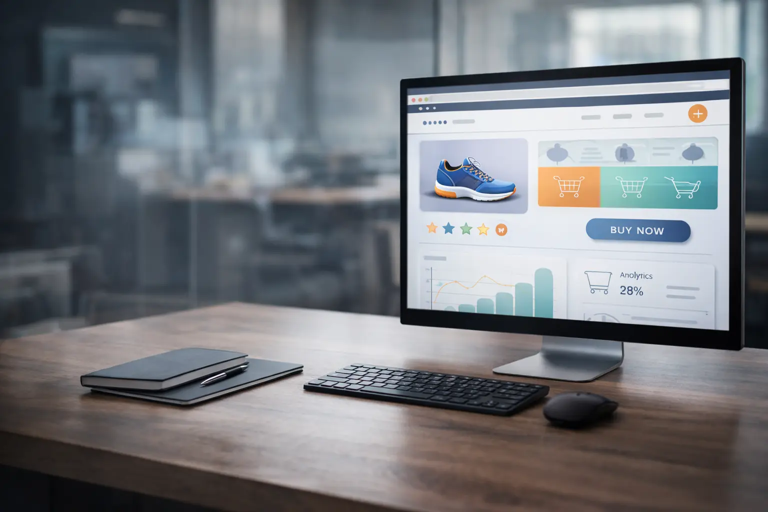 Desktop monitor displaying an ecommerce product page with analytics on a modern workspace, representing professional ecommerce development services.