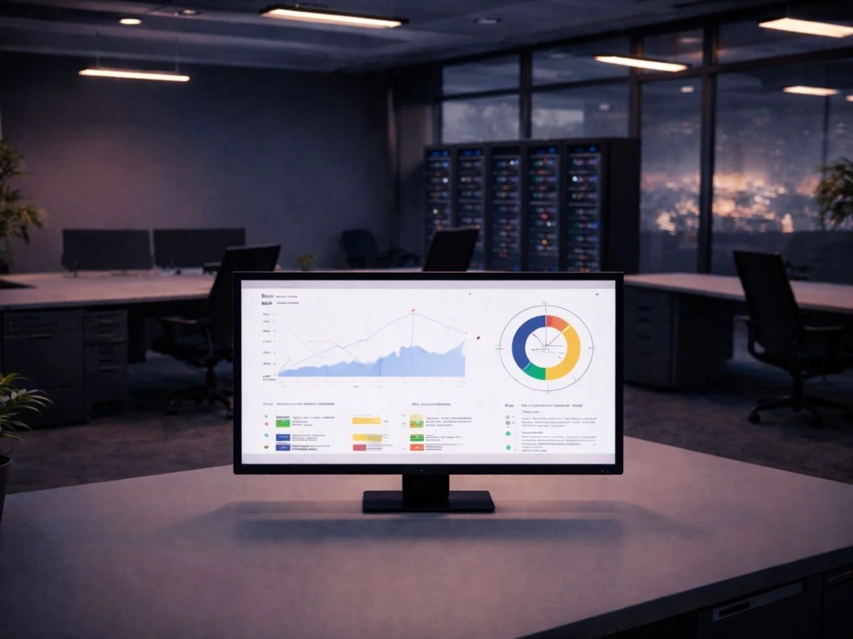 Modern office dashboard representing an IT staff augmentation company with analytics on screen