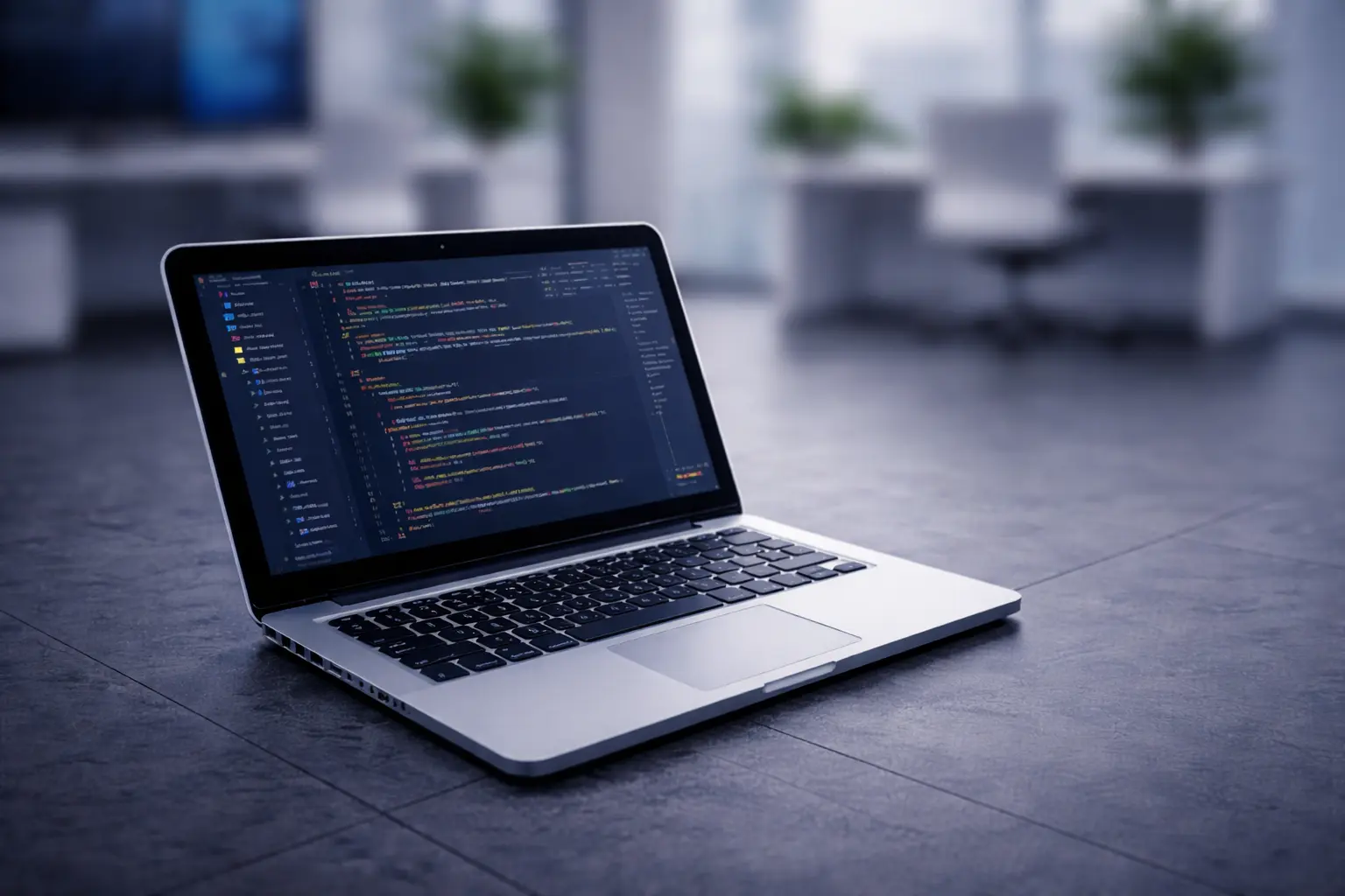 Laptop displaying source code in a modern office environment, representing IT staff augmentation services in USA.