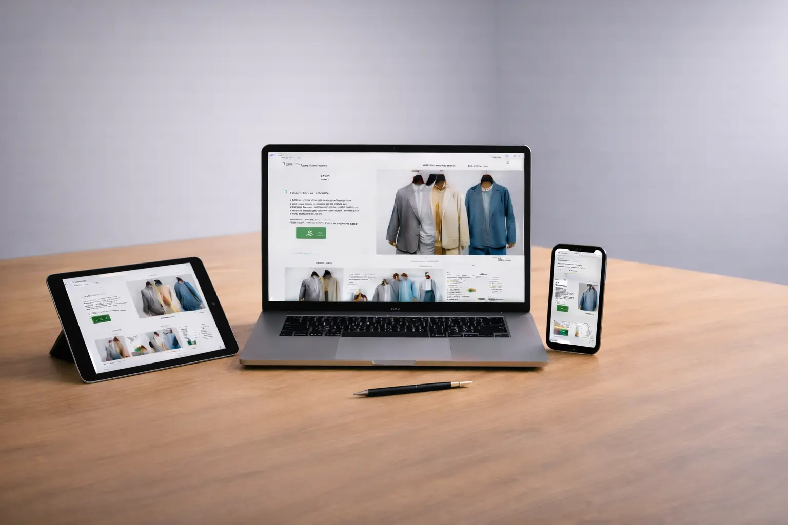 Laptop, tablet, and smartphone displaying a Shopify ecommerce website on a desk, representing a Shopify website development company in California.