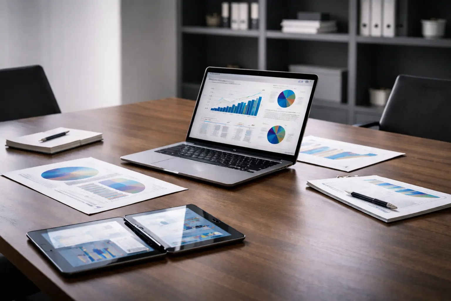 Laptop and tablets displaying business analytics and reports on a conference table, representing the best IT staffing agencies in Texas.