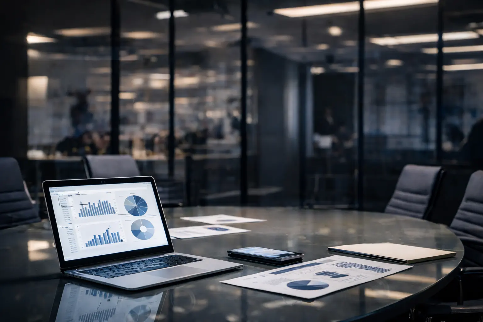 Laptop displaying business analytics on a conference table in a corporate office, representing the best IT staffing agencies in New York.