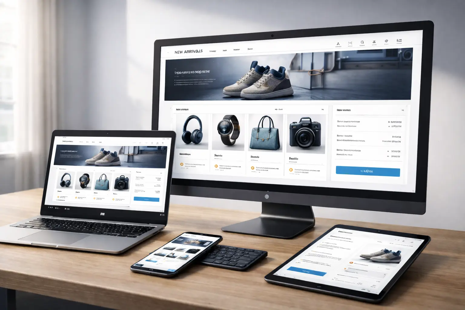 Desktop monitor, laptop, tablet and smartphone displaying an ecommerce website interface, representing ecommerce website development services in USA.