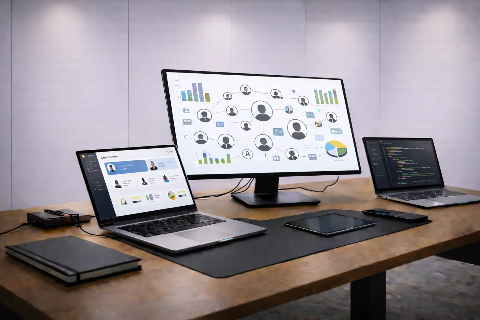 Workstations with laptops and monitors displaying team networks, analytics and code, representing IT staff augmentation services in California.