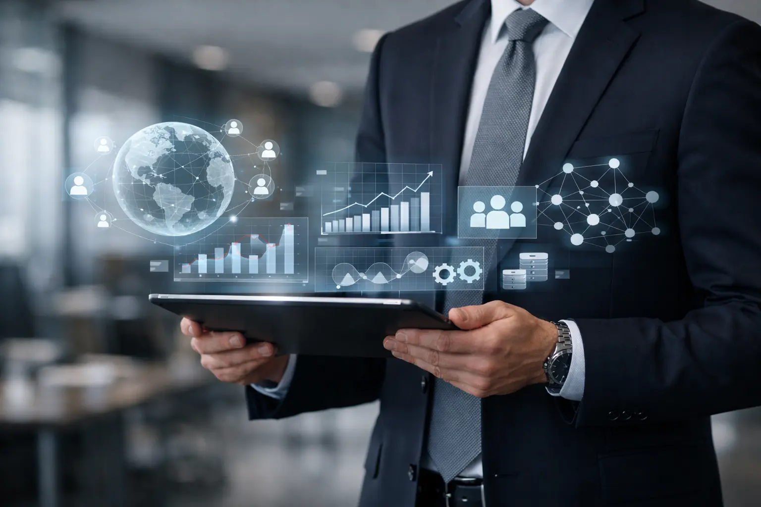 Business professional using a digital tablet with analytics, global connectivity and team network visuals, representing an IT staff augmentation agency in New York.