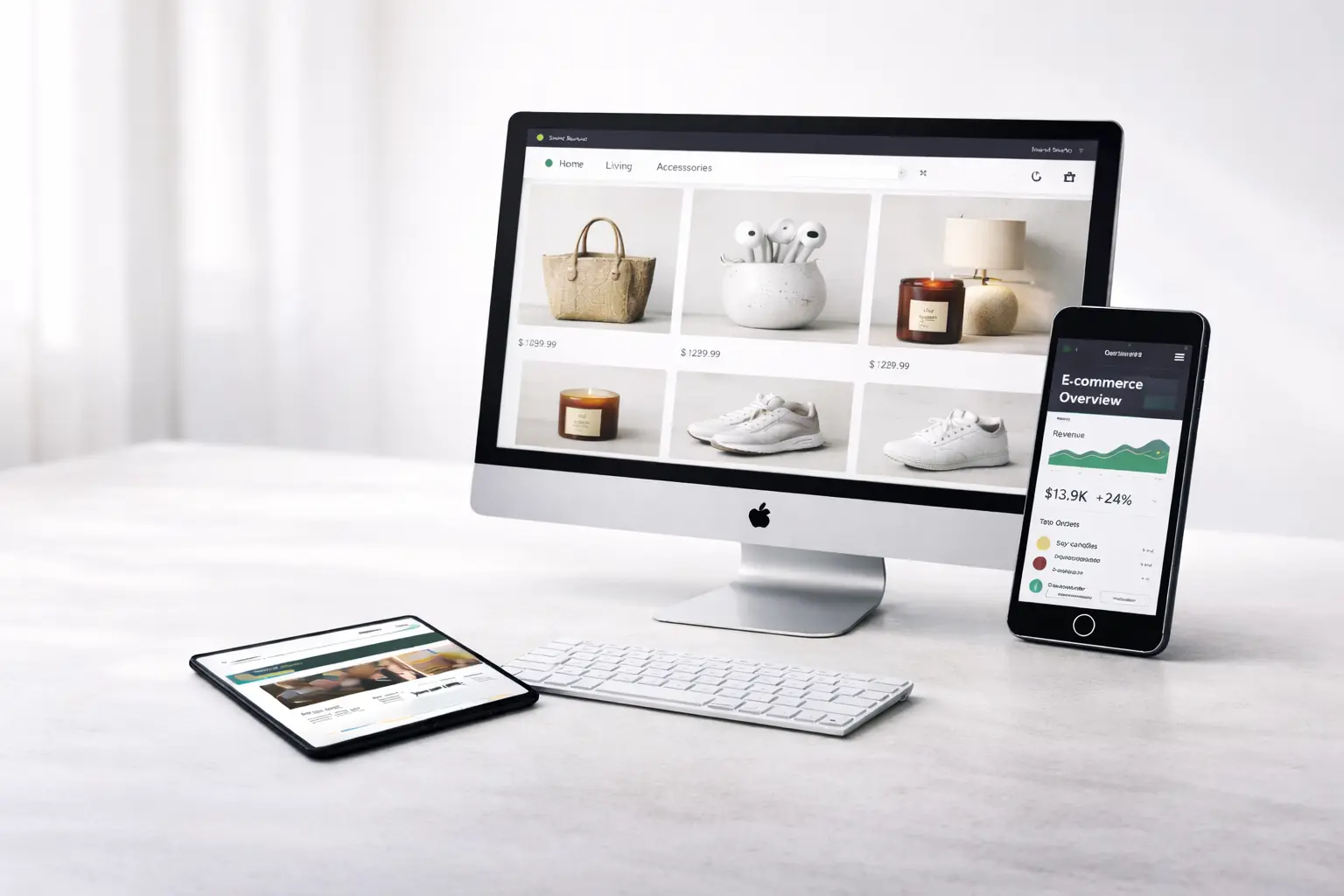 Multi device Shopify ecommerce dashboard displayed on desktop, tablet and mobile, representing Shopify development partners in California.
