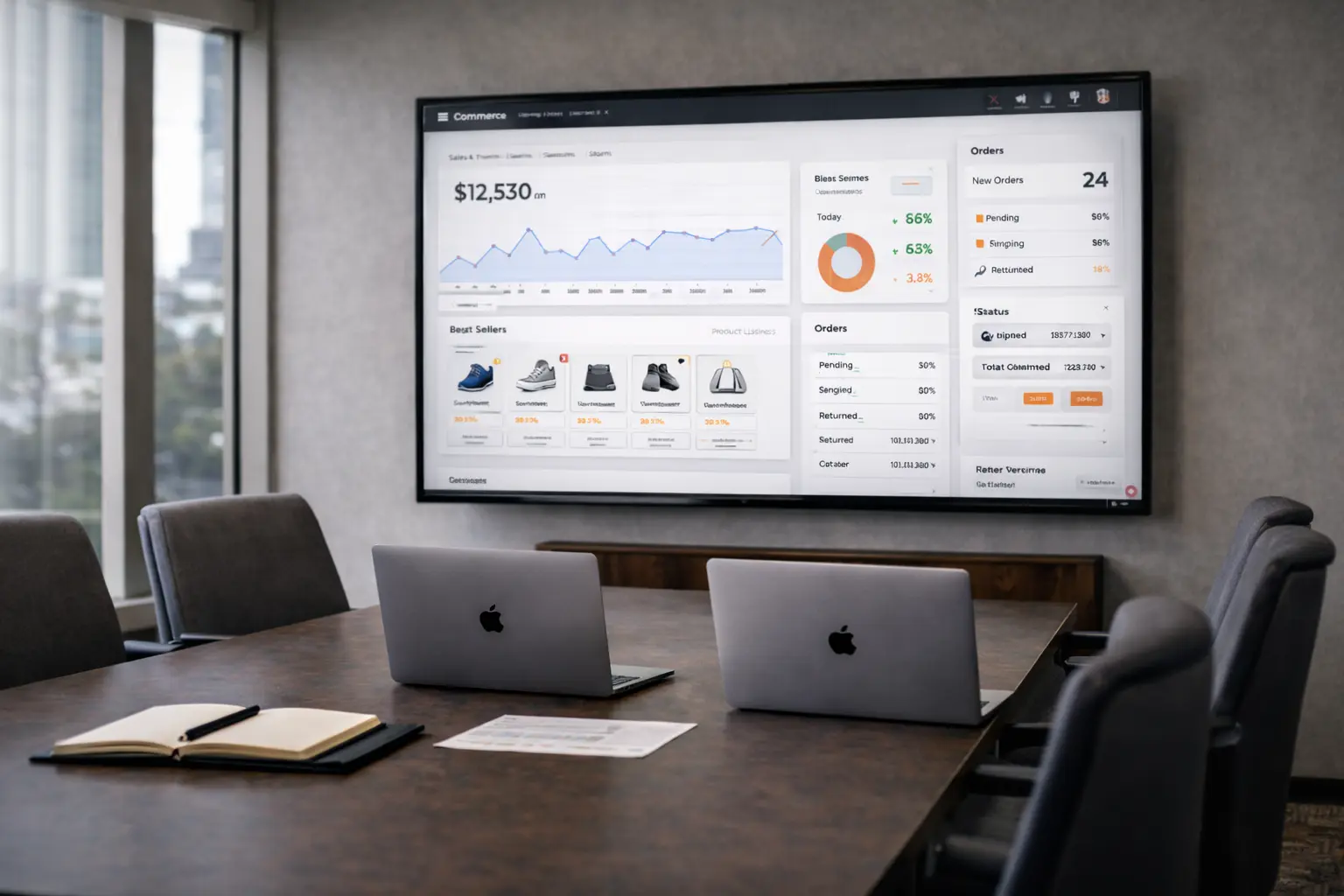 Conference room displaying a large ecommerce analytics dashboard on a wall screen with laptops on the table, representing professional ecommerce development services.