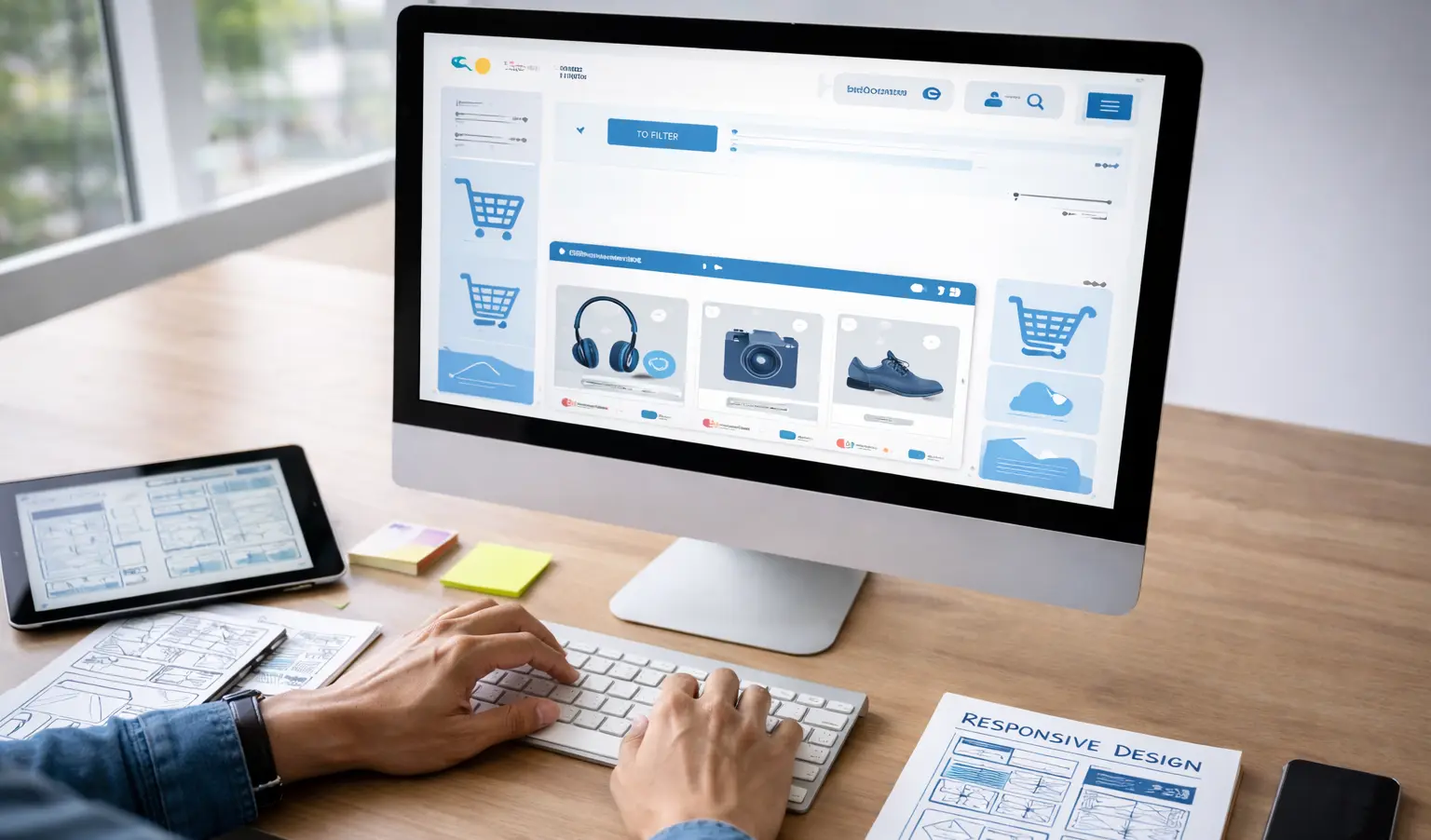 Developer designing a custom eCommerce interface on a desktop computer, featuring product listings, filters and a responsive UI layout, representing custom eCommerce development services.
