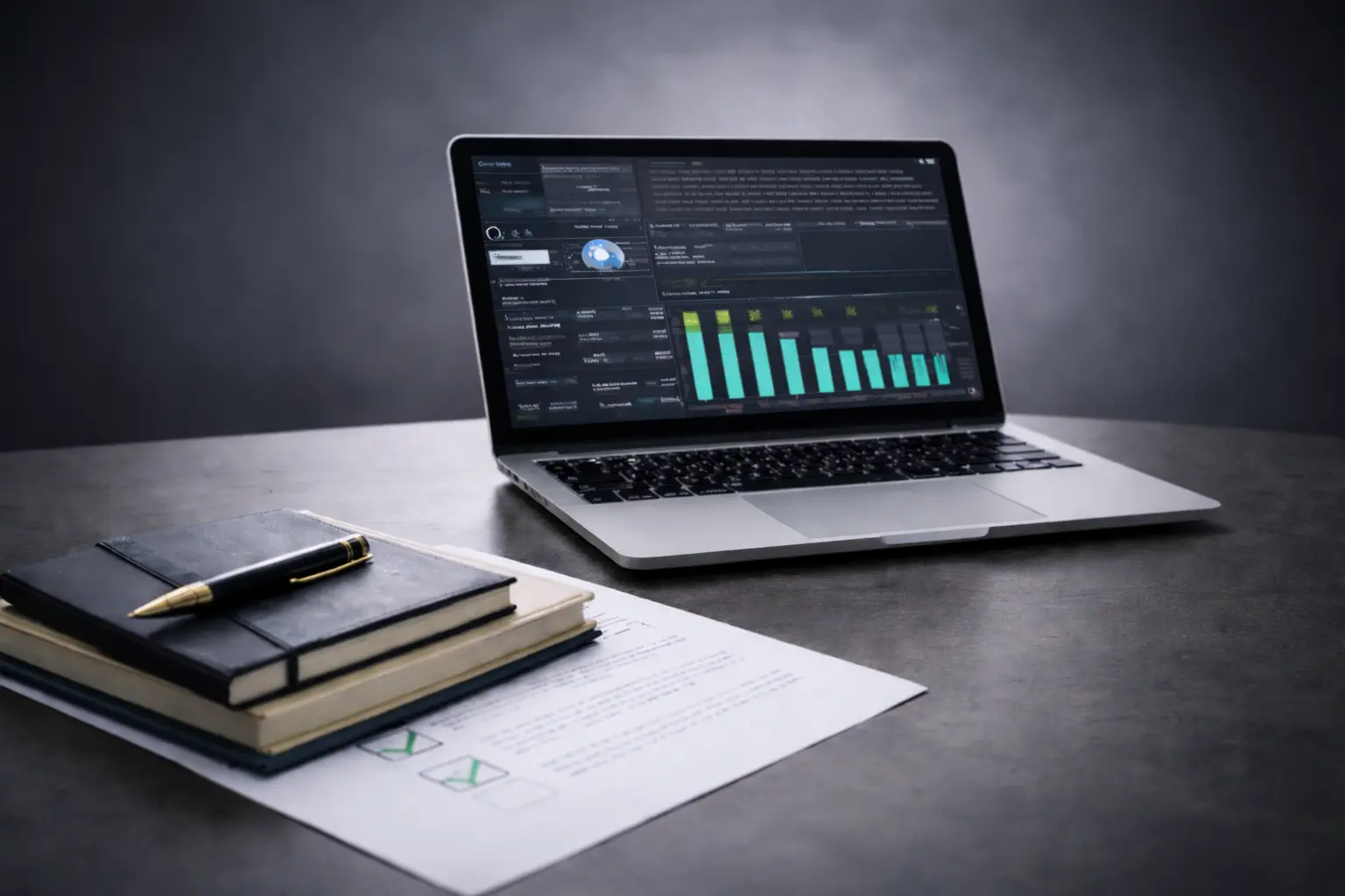 Modern workspace with a laptop displaying analytics and performance charts, alongside notebooks and documents, representing IT staffing agencies in the USA focused on data-driven workforce solutions.