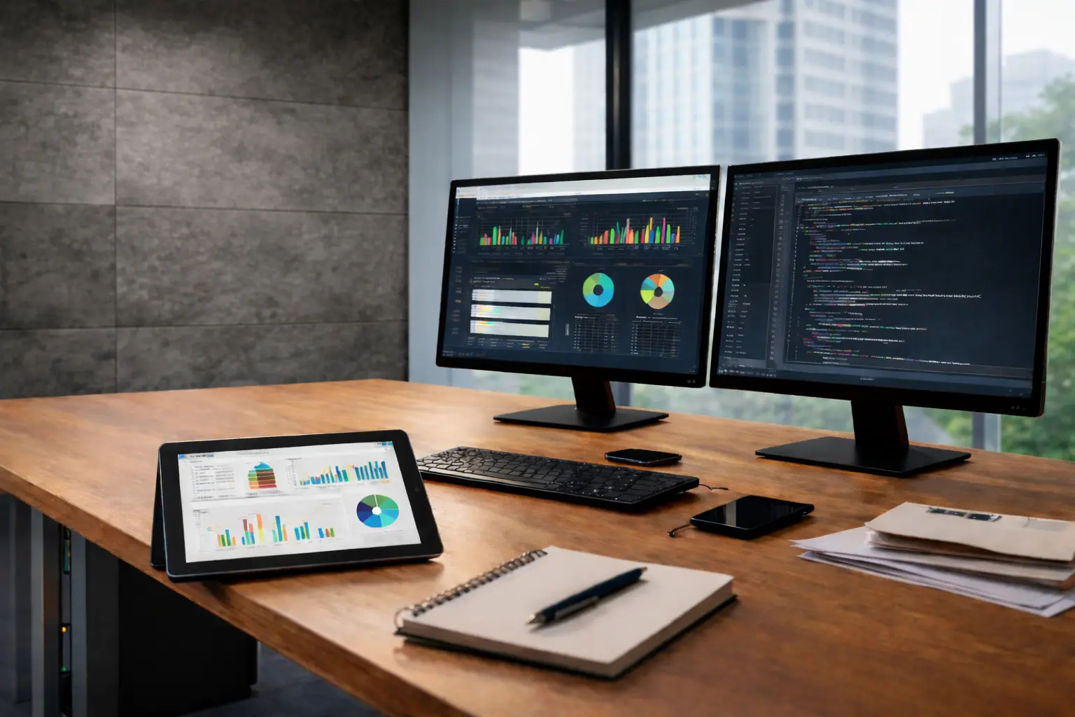 Modern office workspace with dual monitors displaying analytics dashboards and code, a tablet showing performance charts and business documents on a wooden desk, representing IT staff augmentation services in California.