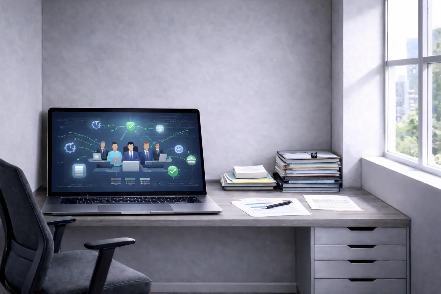 Modern office desk with a laptop displaying a digital illustration of an IT team connected through workflow icons and network symbols, symbolizing IT staff augmentation services, with files and documents neatly arranged beside a window-lit workspace.