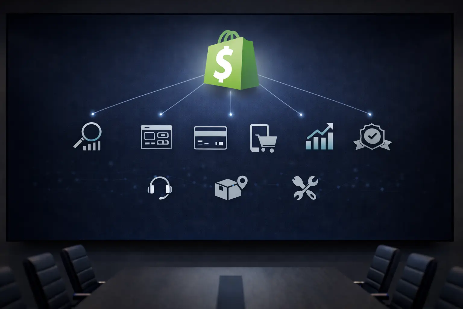 Large presentation screen displaying Shopify logo connected to eCommerce service icons such as analytics, payment processing, shopping cart, growth metrics, security, support, shipping and maintenance, representing Shopify developers in New York.