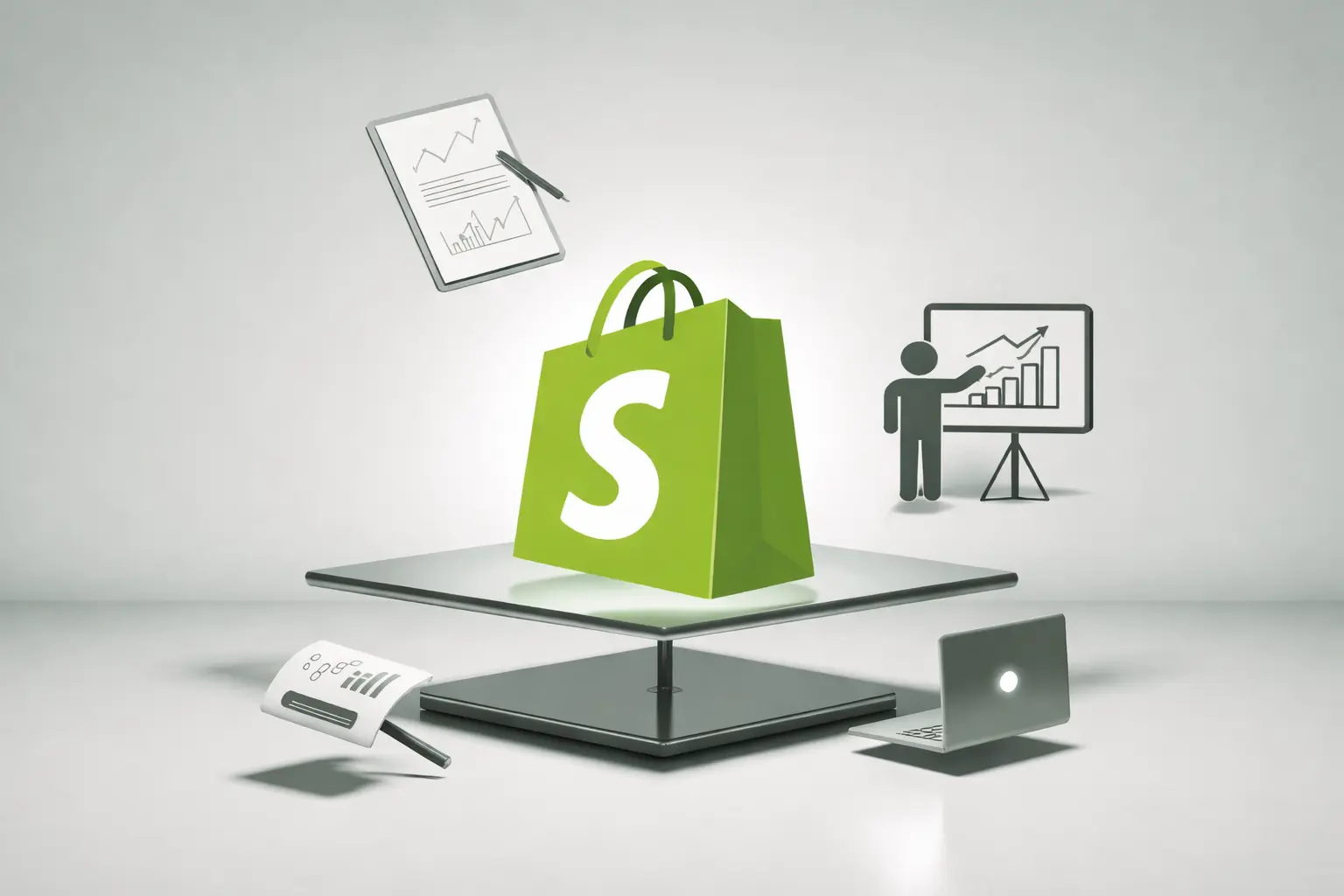 3D illustration of a Shopify shopping bag on a platform surrounded by analytics charts, reports and a presentation board, representing Shopify development partners in Texas focused on eCommerce growth.