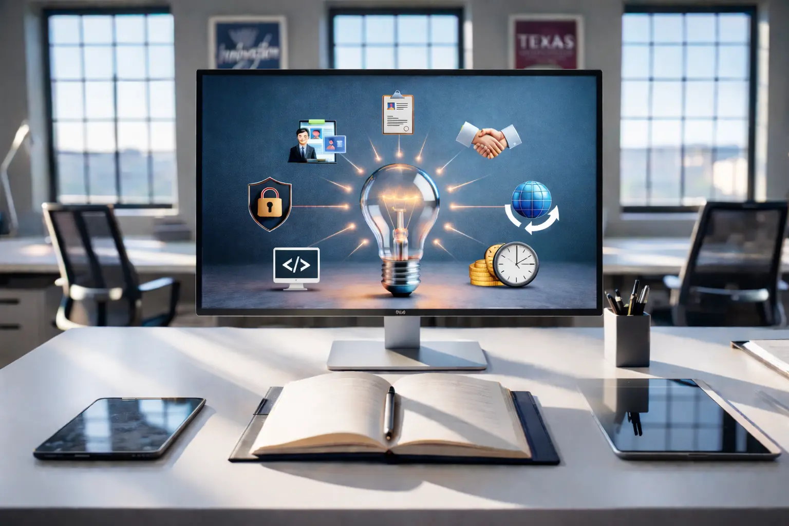 Office workspace with a desktop monitor displaying a central lightbulb connected to icons for security, hiring, partnerships, coding, global operations, time and cost, symbolizing IT staff augmentation firms and integrated technology solutions.