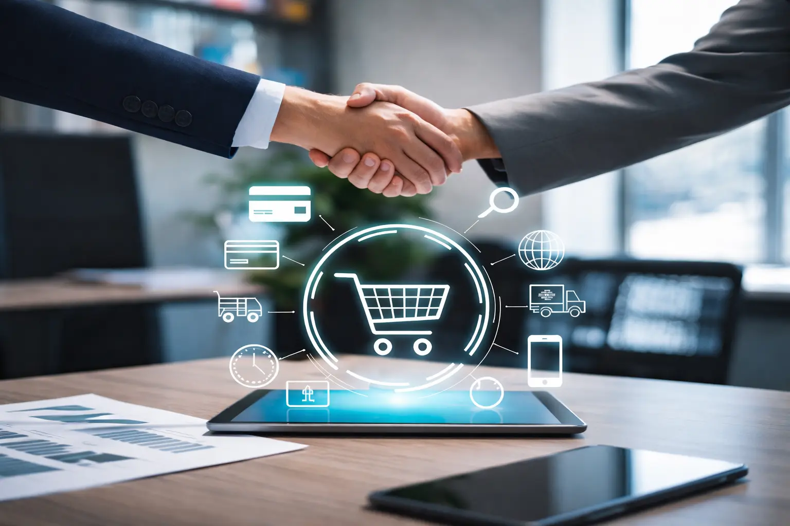 Business professionals shaking hands over a tablet with a digital shopping cart and eCommerce icons, representing ecommerce website development services in the USA.