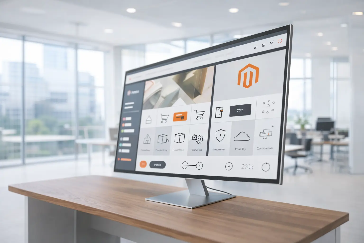 Desktop monitor displaying a Magento ecommerce dashboard with store management, product, cart and security icons in a modern office workspace, representing Magento developers and ecommerce platform development.