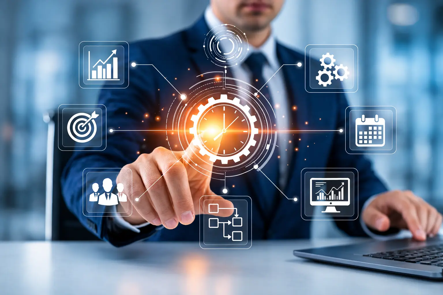 Business professional interacting with a digital interface showing workflow, analytics, team management and scheduling icons around a central gear and clock, representing the best IT staffing agencies in Texas optimizing workforce solutions.