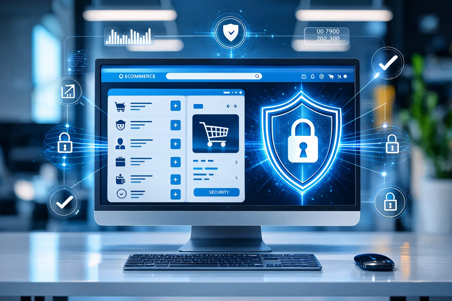 Desktop computer displaying an ecommerce platform interface with a shopping cart dashboard and digital security shield icons, representing custom ecommerce website development services and secure online store management.