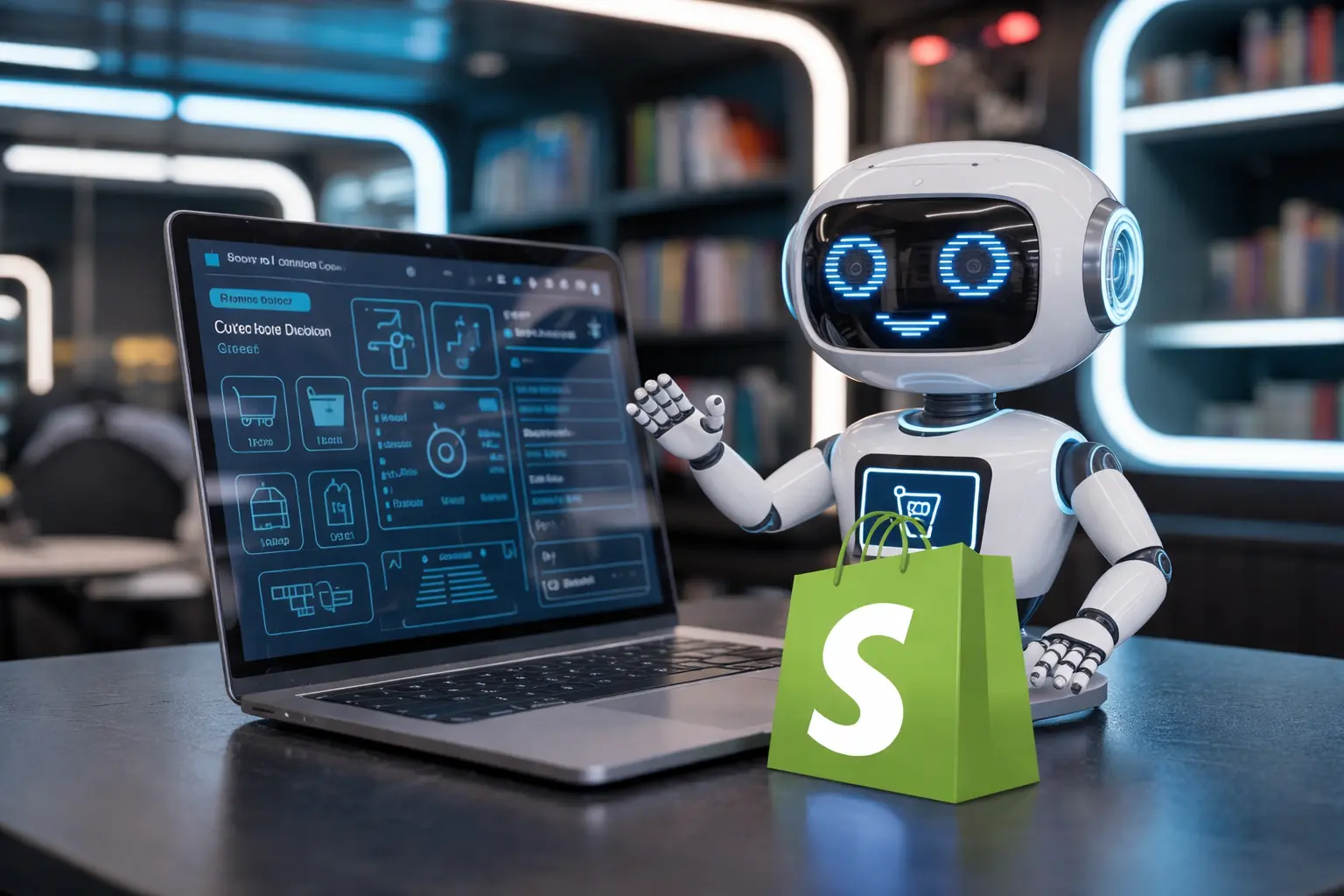 AI chatbot robot beside a laptop displaying an ecommerce dashboard with a Shopify shopping bag icon, representing Shopify website design company services in New York with AI-powered ecommerce support.
