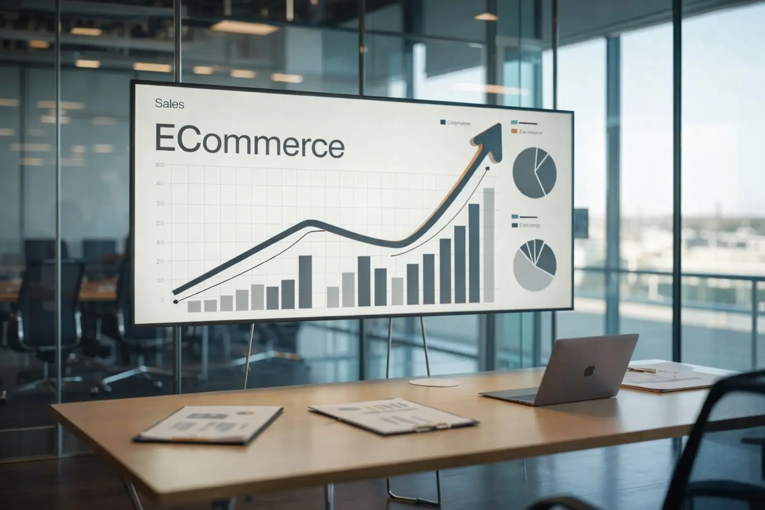Ecommerce sales growth chart displayed in a modern office, representing Shopify website design and ecommerce development services in California by Orestes Technologies.