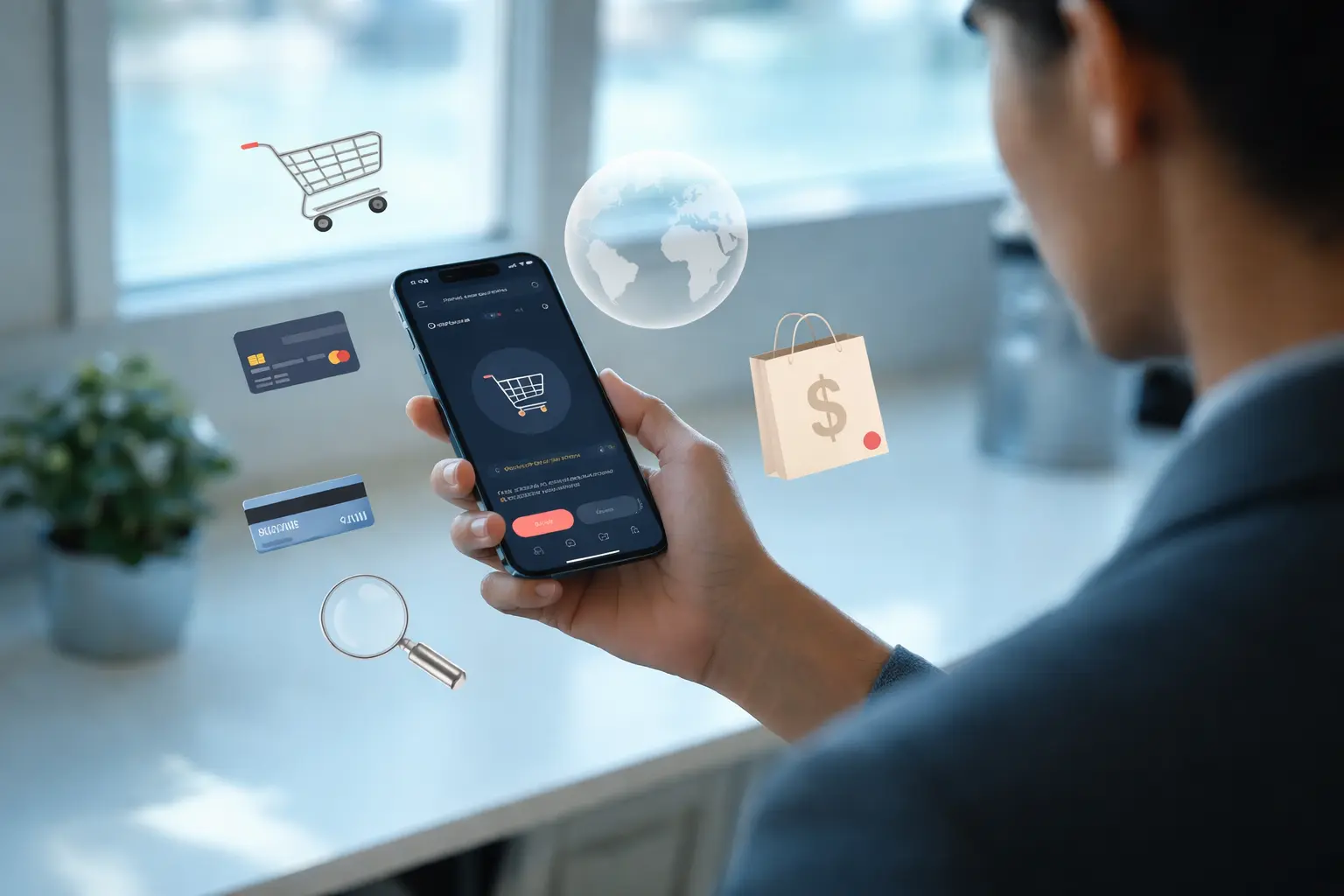 Mobile ecommerce shopping app with digital payment, cart, and global shopping icons, representing Shopify development partners in New York and modern ecommerce solutions.