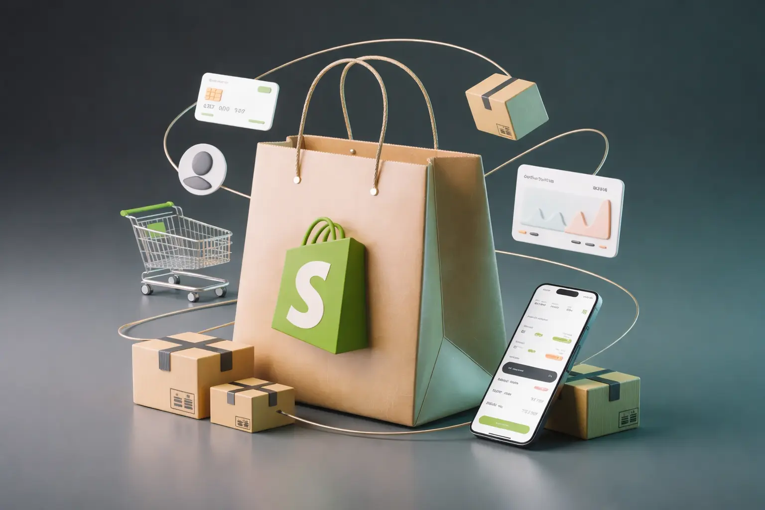 Shopify ecommerce concept with shopping bag, mobile app, payment card, delivery boxes, and analytics icons showing online store management and growth