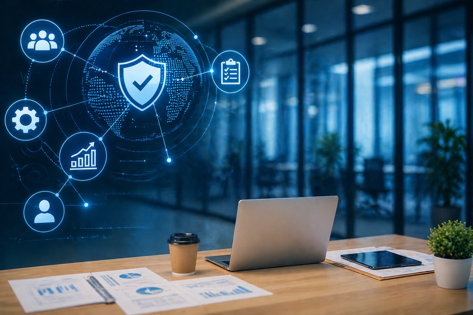 Laptop workspace with digital security and team icons representing IT staff augmentation, technology solutions and business growth.
