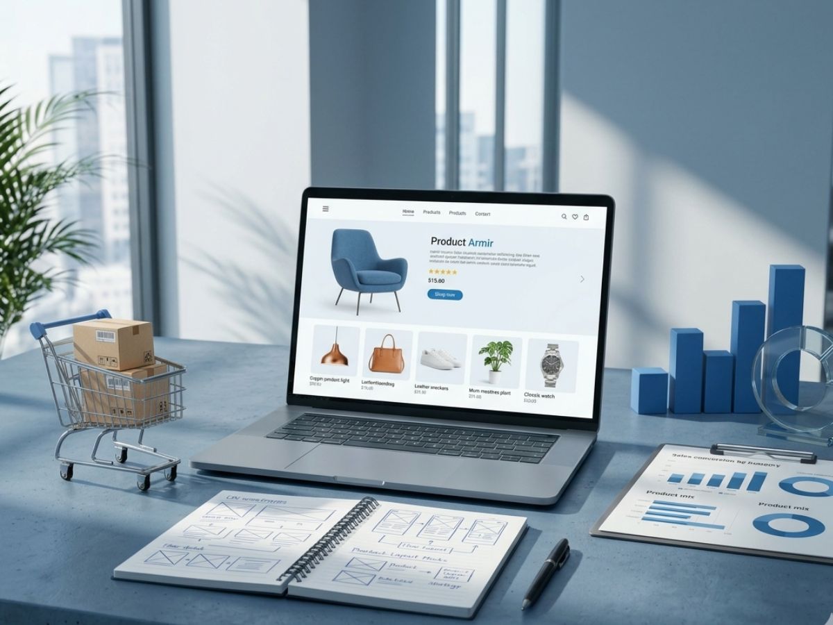Modern eCommerce website interface displayed on laptop with product listings, shopping cart and business analytics dashboard