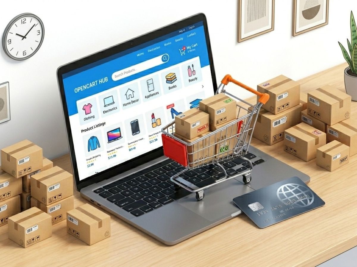 Laptop displaying an ecommerce store with shopping cart, delivery boxes, and online shopping setup on a desk.