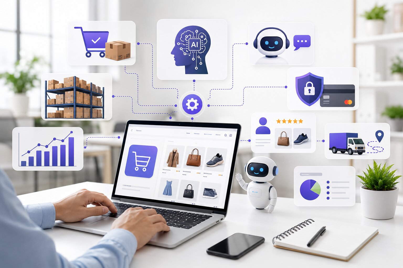 AI-powered ecommerce automation workspace with smart inventory, chatbot support, analytics dashboard and online shopping management in a modern office.