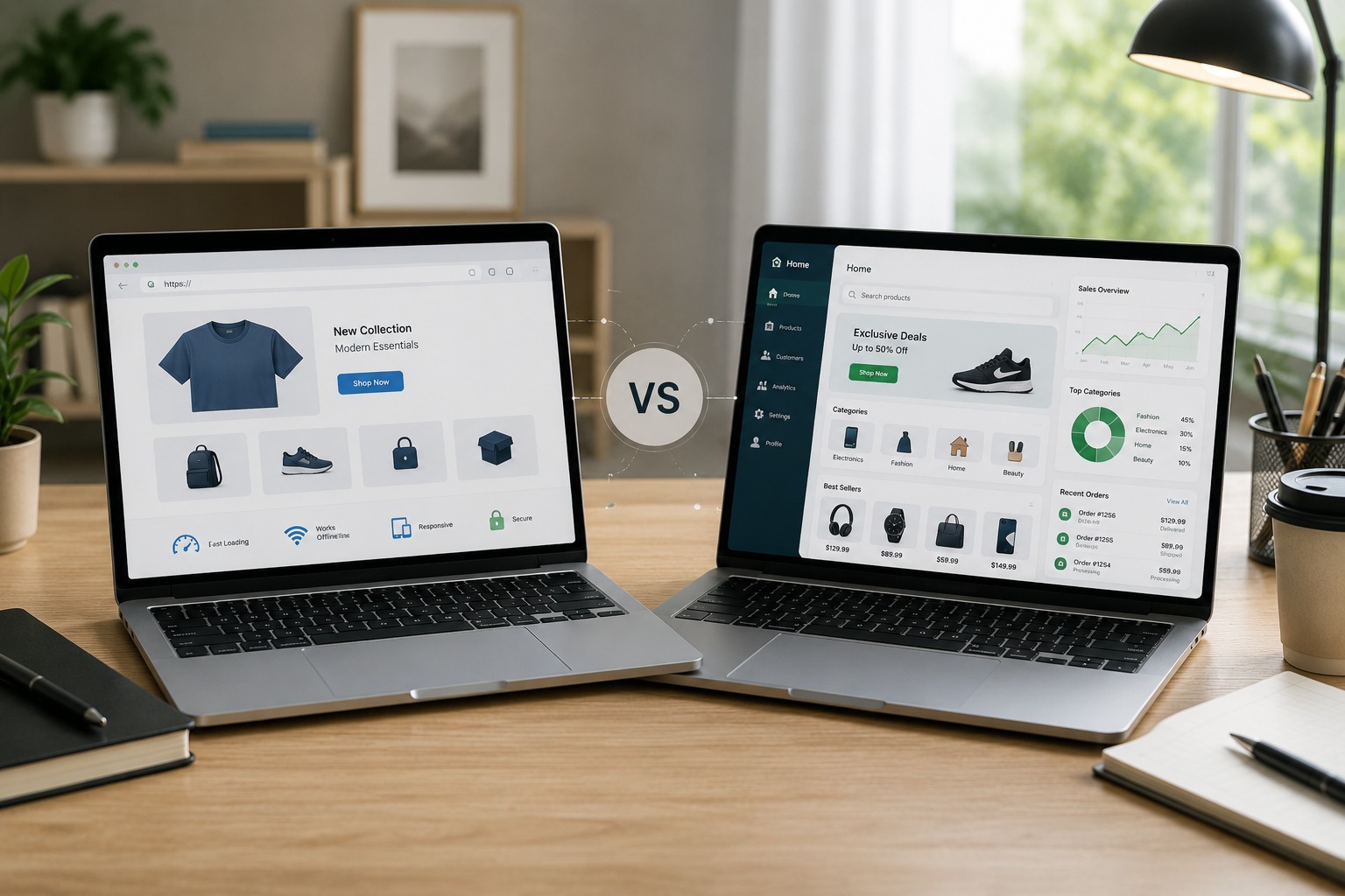 Side-by-side comparison of Progressive Web Apps and native ecommerce app dashboards displayed on laptops for performance and user experience analysis.