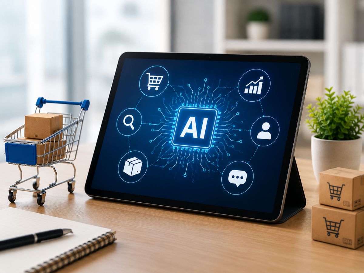 Modern tablet displaying AI-powered ecommerce automation icons with shopping cart and online retail analytics workspace Meat title:Why Ecommerce Stores Struggle With AI Adoption Today