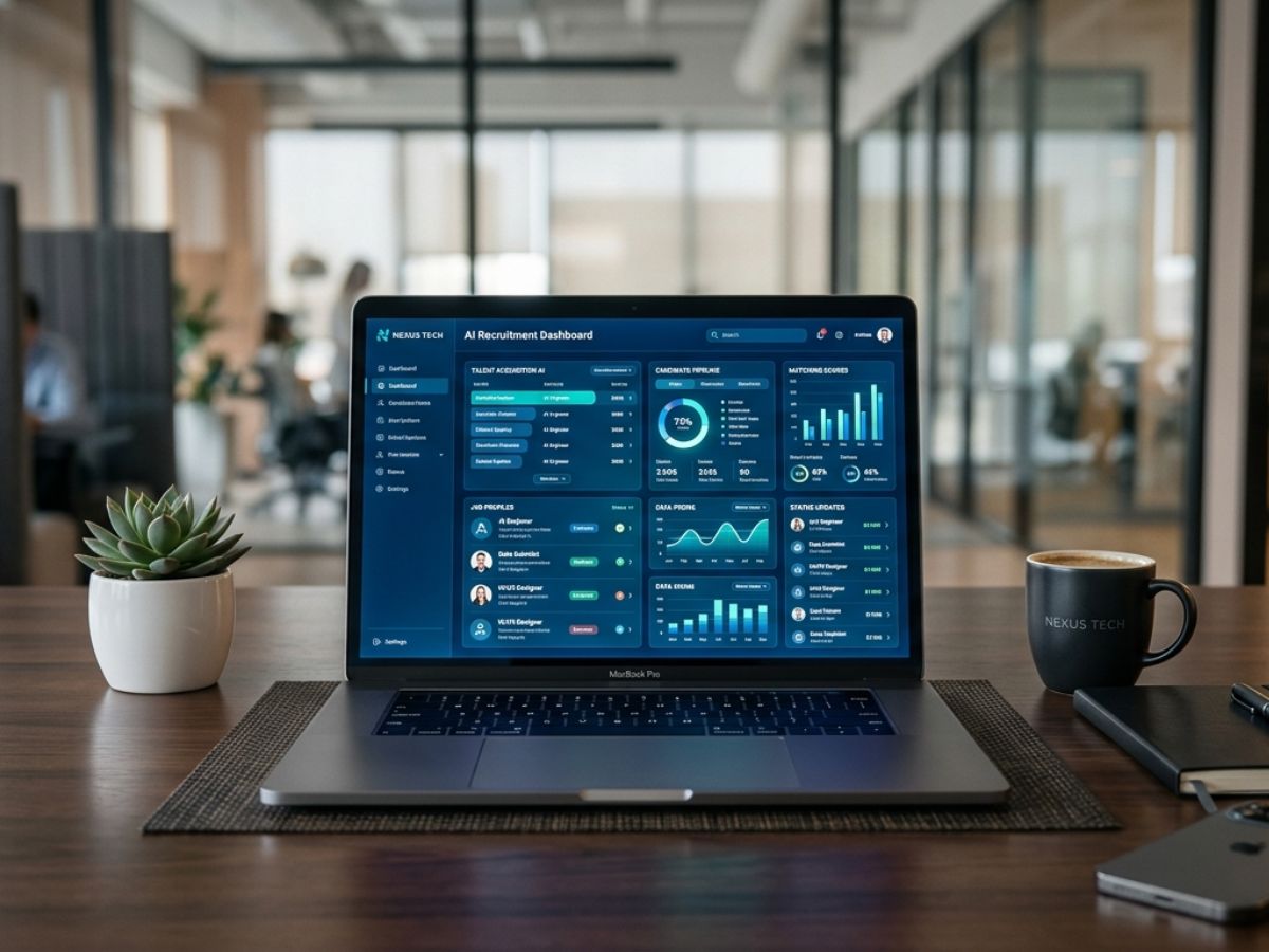 Laptop displaying an AI recruitment dashboard in a modern office workspace for IT staff augmentation services in California