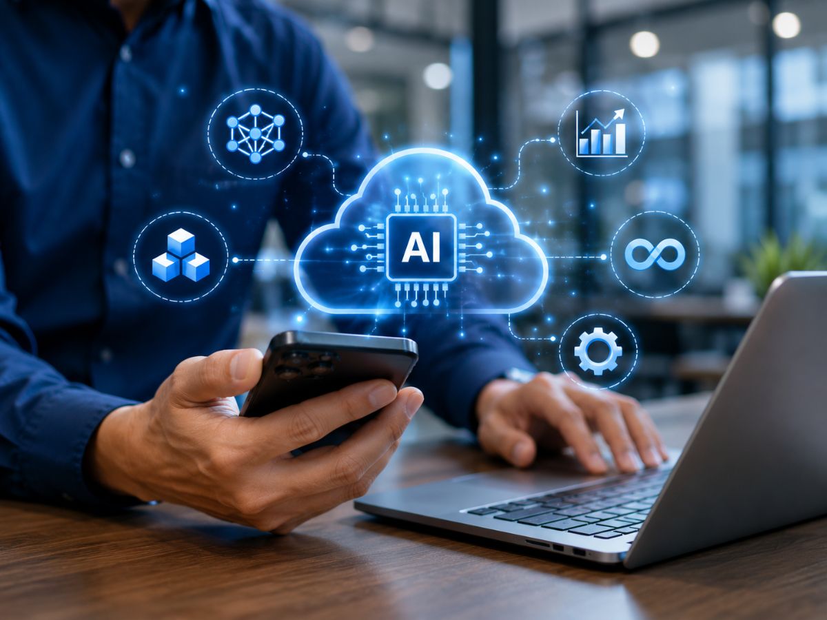 Person using a smartphone and laptop with AI cloud interface icons representing AI-powered recruitment, automation, analytics and IT staff augmentation services.