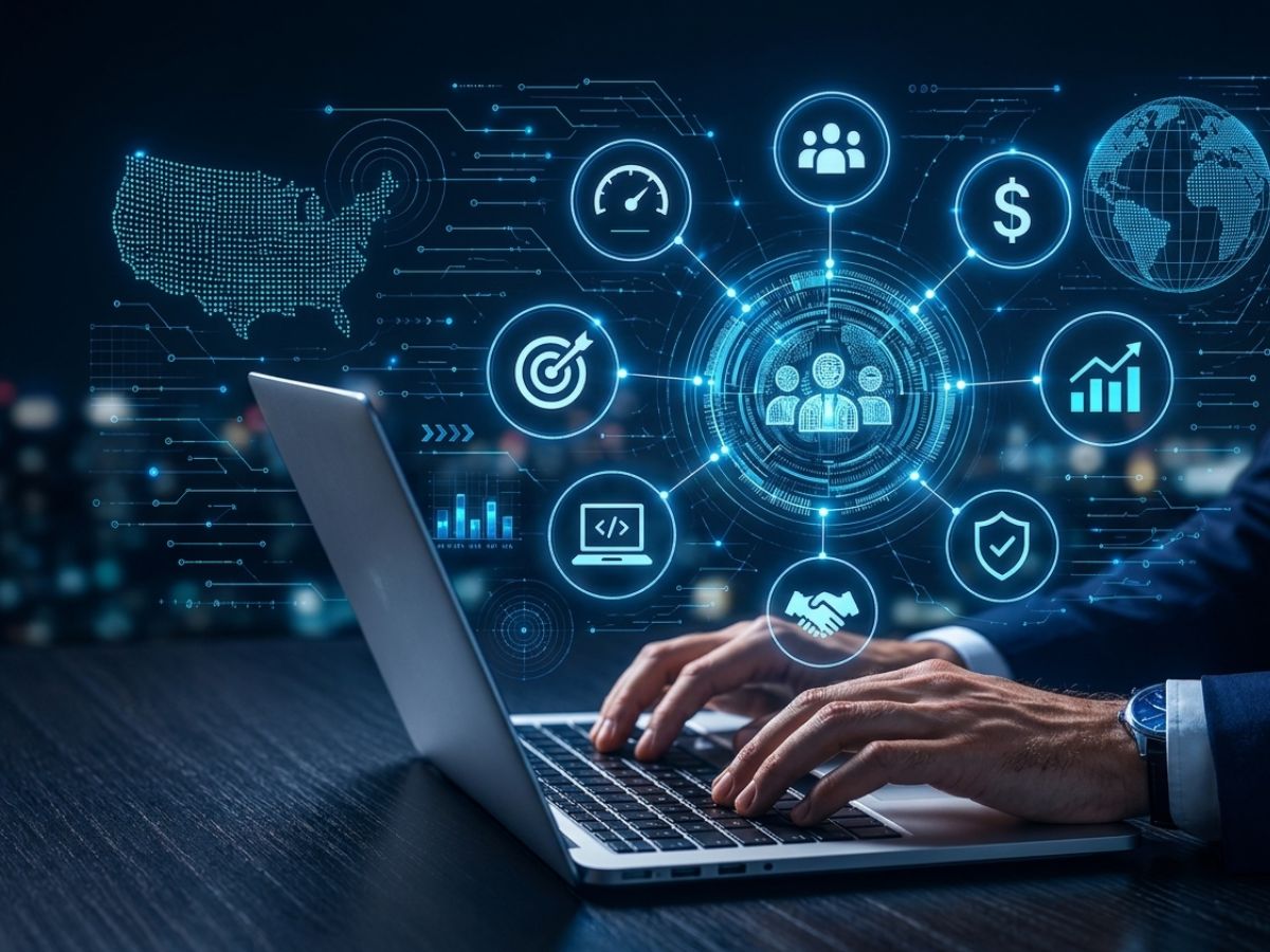 Person working on a laptop with AI-powered digital workforce icons showing analytics, growth, security, staffing and IT staff augmentation technology across the US market.