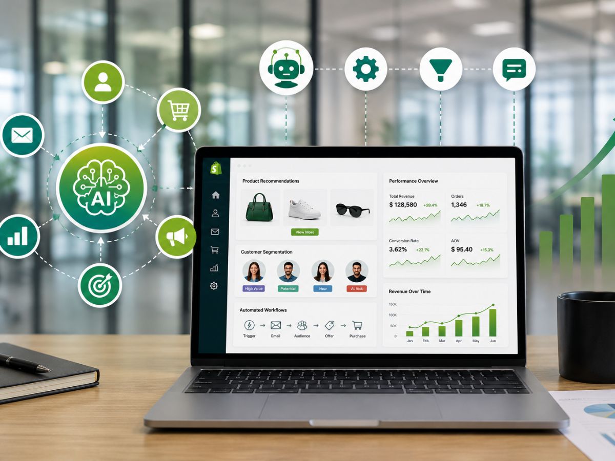 Professional office workspace featuring a laptop with AI-powered e-commerce marketing dashboard, analytics charts, automation icons, customer segmentation and business growth visuals.