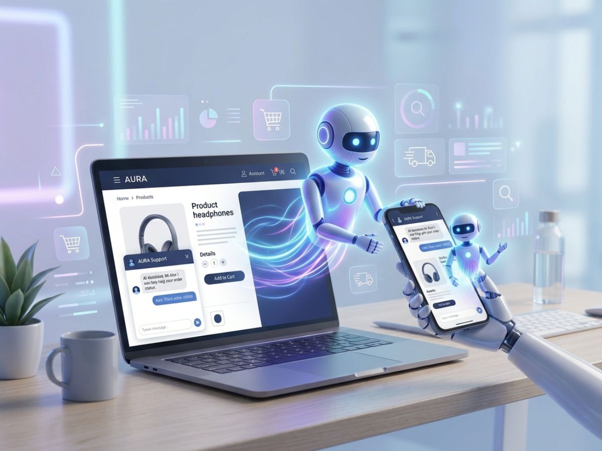 AI-powered chatbot assisting customers across laptop and mobile devices for enhanced eCommerce customer support and shopping experience.