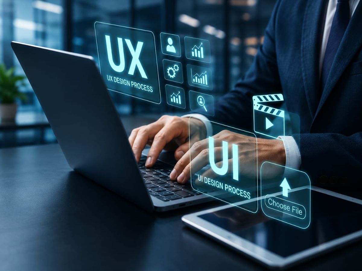 Business professional working on a laptop with futuristic UX and UI design process interface elements, analytics icons, and digital media controls in a modern office environment.