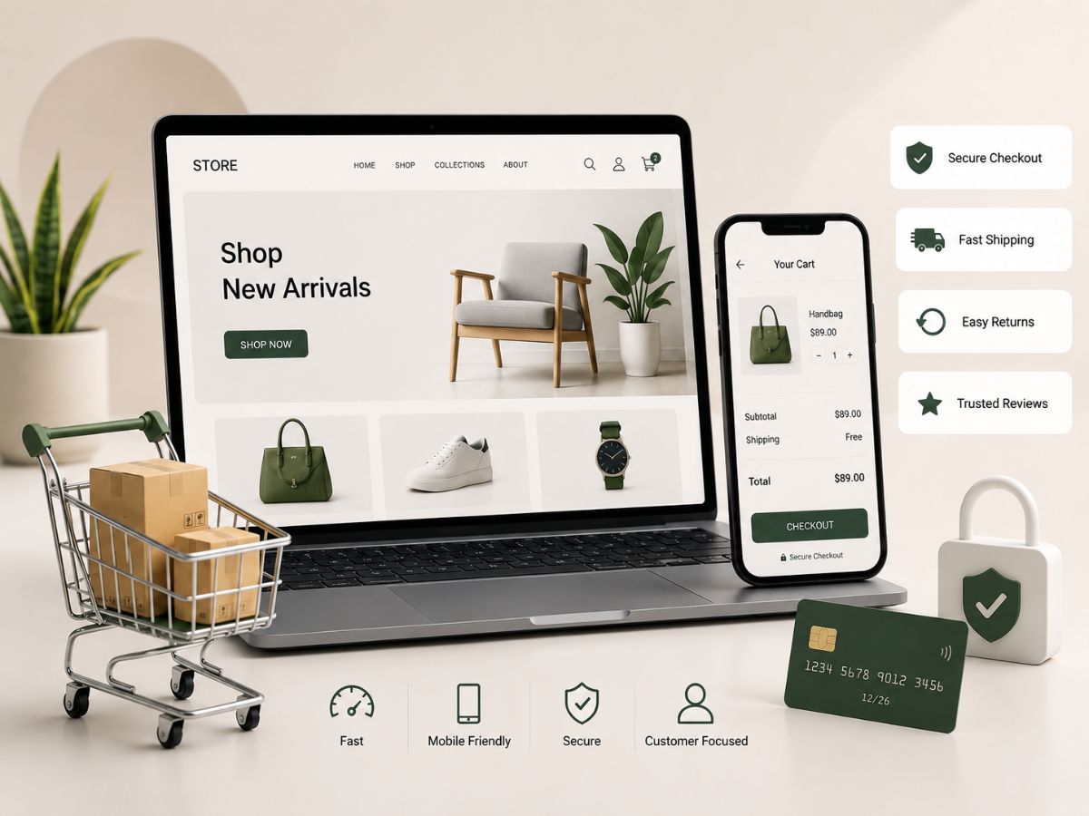 Modern ecommerce website displayed on laptop and smartphone with secure checkout, fast shipping, easy returns, trusted reviews and mobile-friendly online shopping features